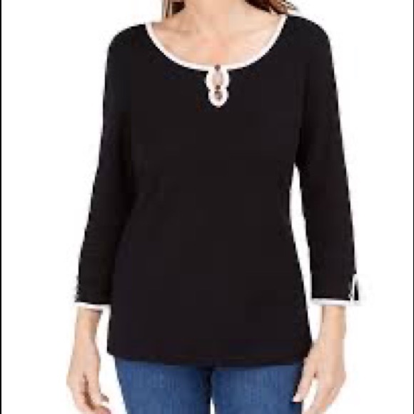 Karen Scott 3/4 Length Sleeve Shirt with Front Keyhole - Picture 6 of 6